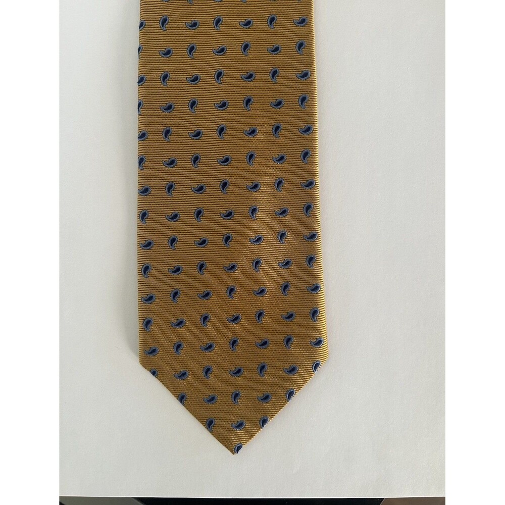 Brooks Brothers Makers Silk Necktie Mens Yellow Navy Blue Paisley Print Tie USA
